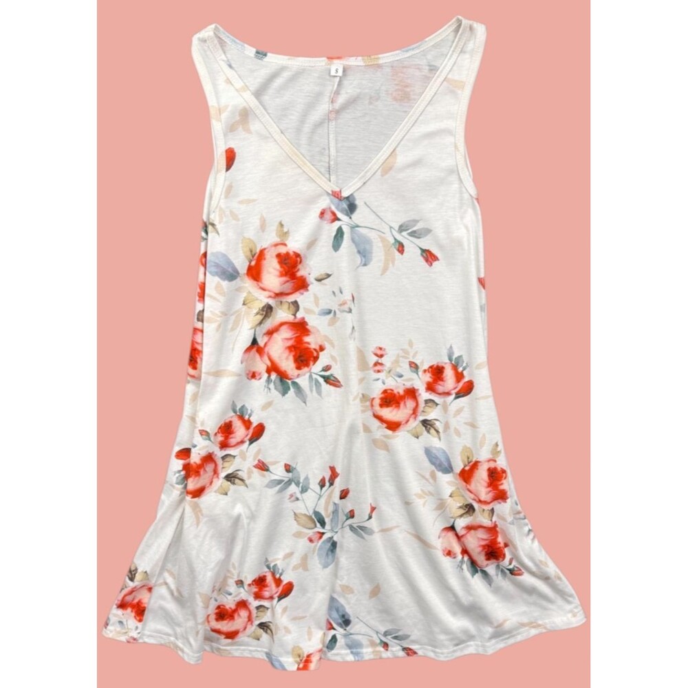 Floral‎ White Boho Flowy Mini Shift Dress Small Sleeveless Roses Casual Stretch